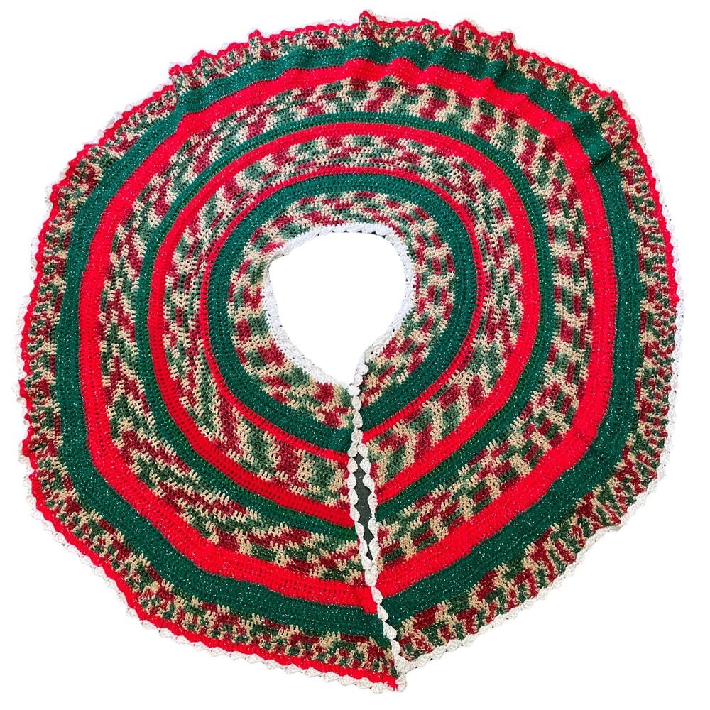 Christmas Tree Skirt Handmade Crocheted Red Green White Tan Grannycore 98”